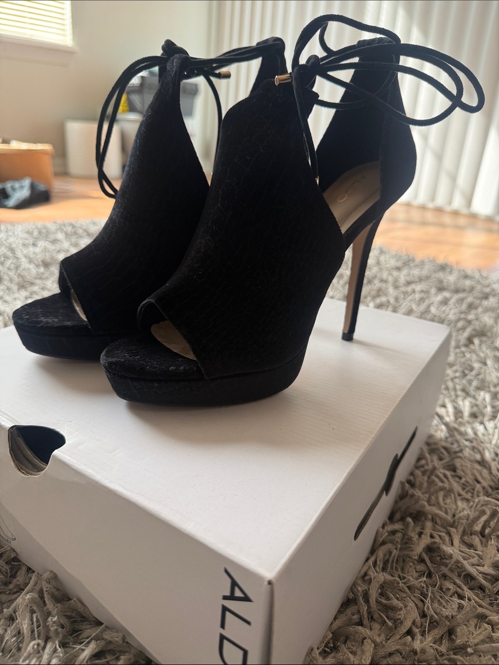 Aldo Black Suede Lace-Up Peep Toe Platform Stilettos